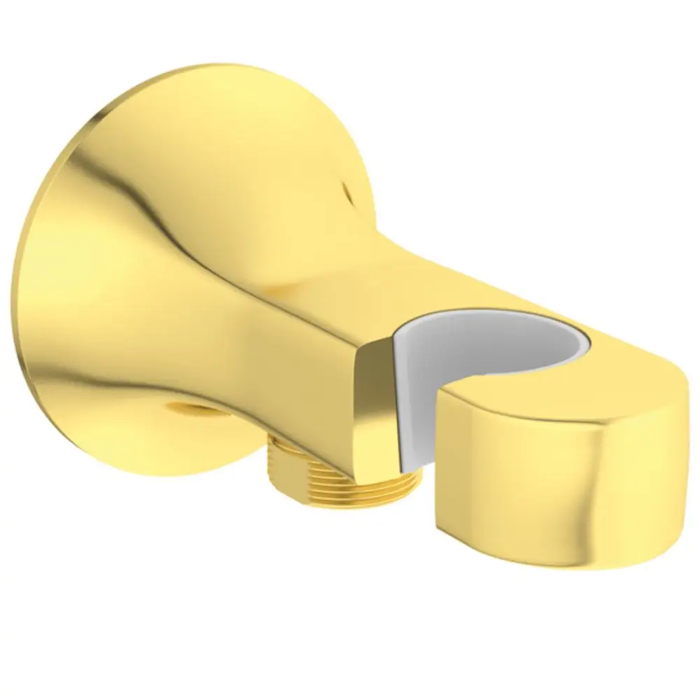 Wandanschlussbogen in goldener Ausführung mit Brausehalter, geeignet zur Wandmontage. Produkt von Ideal Standard.